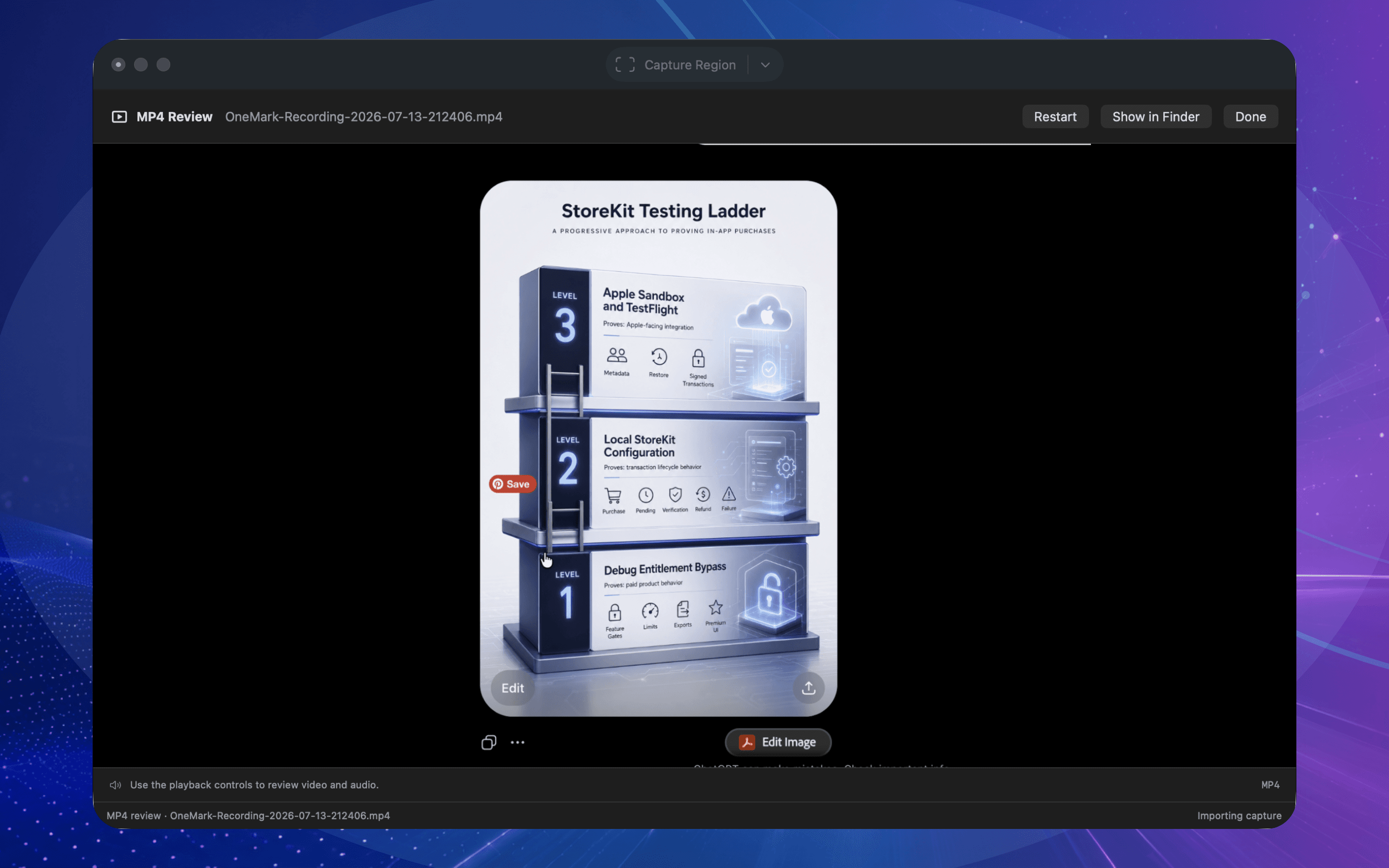 OneMark Capture MP4 Review showing video and audio playback controls